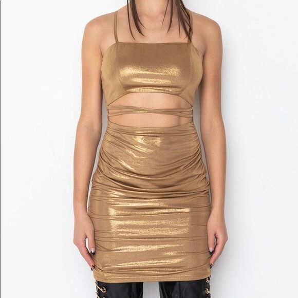 AKIRA Get Into It Mini Dress Metallic Gold - Picture 2 of 4